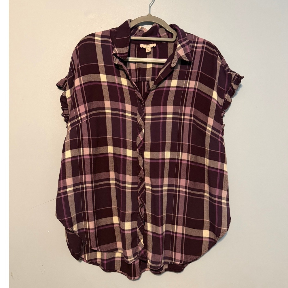 Como Vintage 2X Purple Plaid Ruffle Cap Sleeve Button Down Top 1973